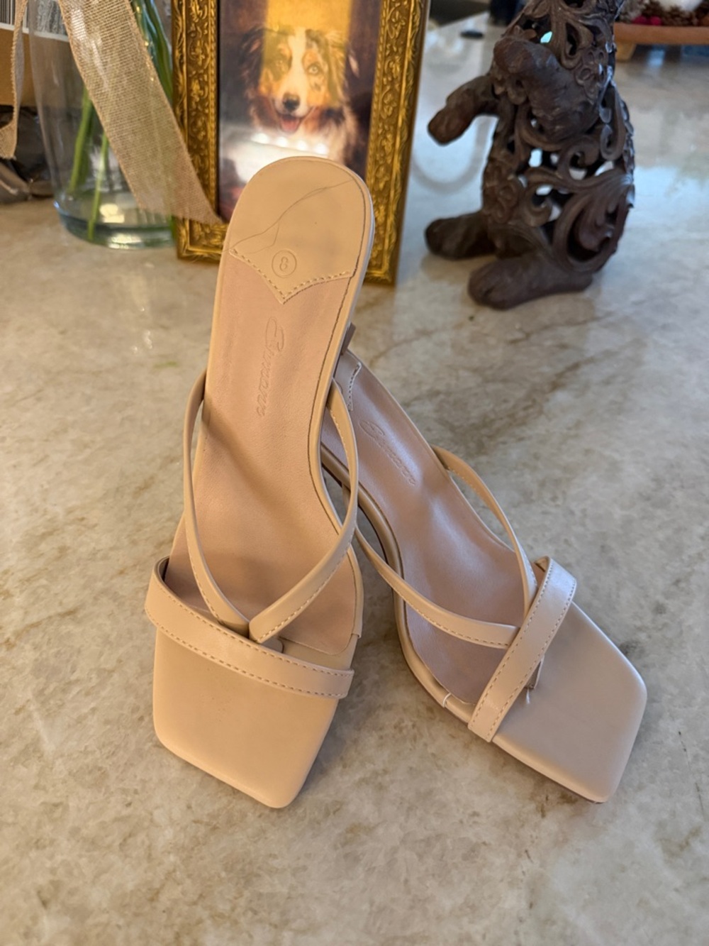 Kitten Heels Square Open Toe Thong Slides Backless Shoes, SZ 8, 11H-145S004